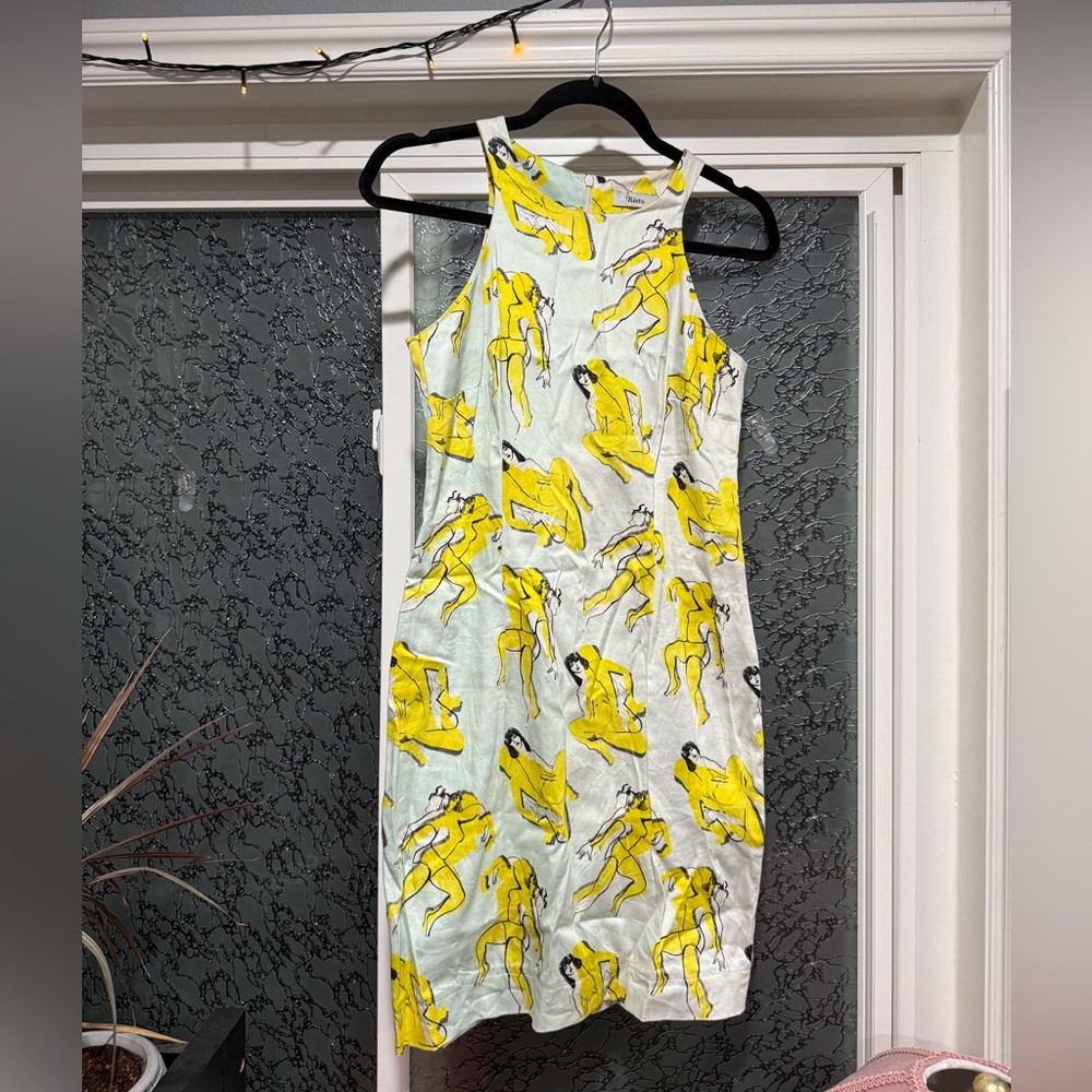 60s Yellow and light blue Graphic Print Dress